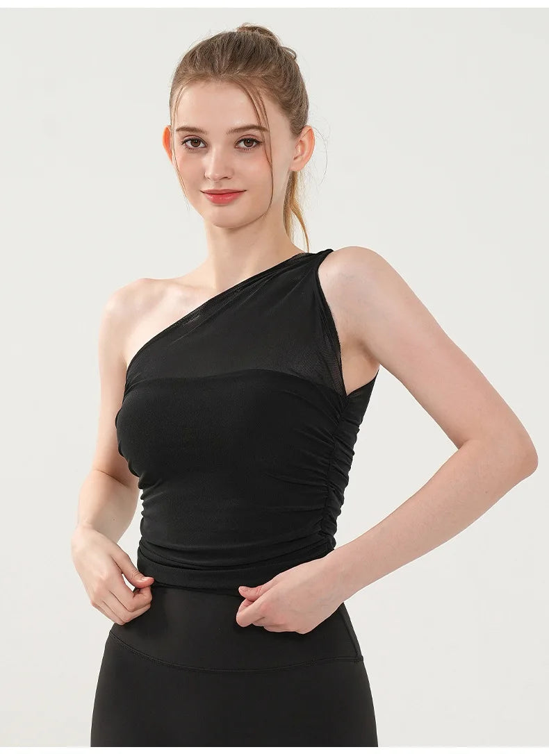 Women Yoga Mesh Single Shoulder Straps With Chest Pad Tank Top