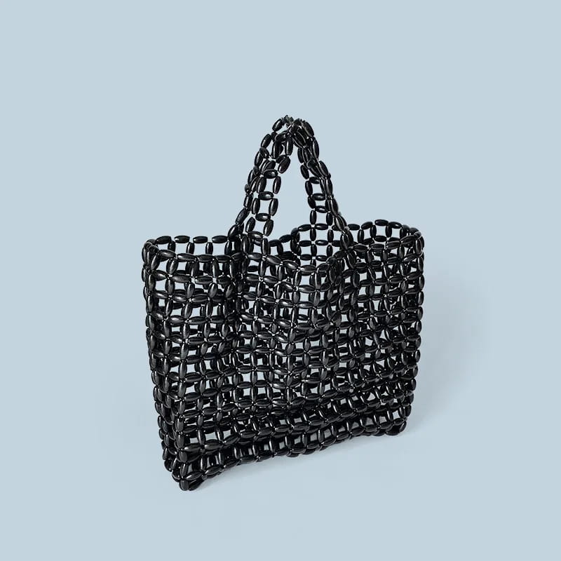 Summer Women’s Handwoven Totes Beach Holiday Hollowed-Out Wooden Beaded Bag