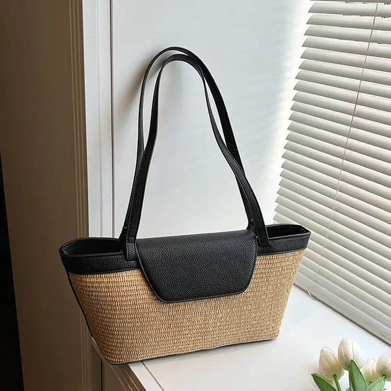 Women Shoulder Bag PU Woven Patchwork Stick