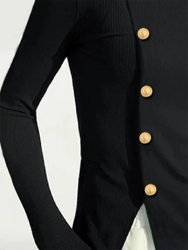 Gold Button Pullover Black Top for Women