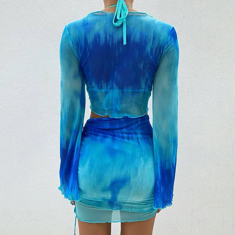 Two Piece Set Blue Tie Dye Mesh Crop Top Cardigan Mini Skirts