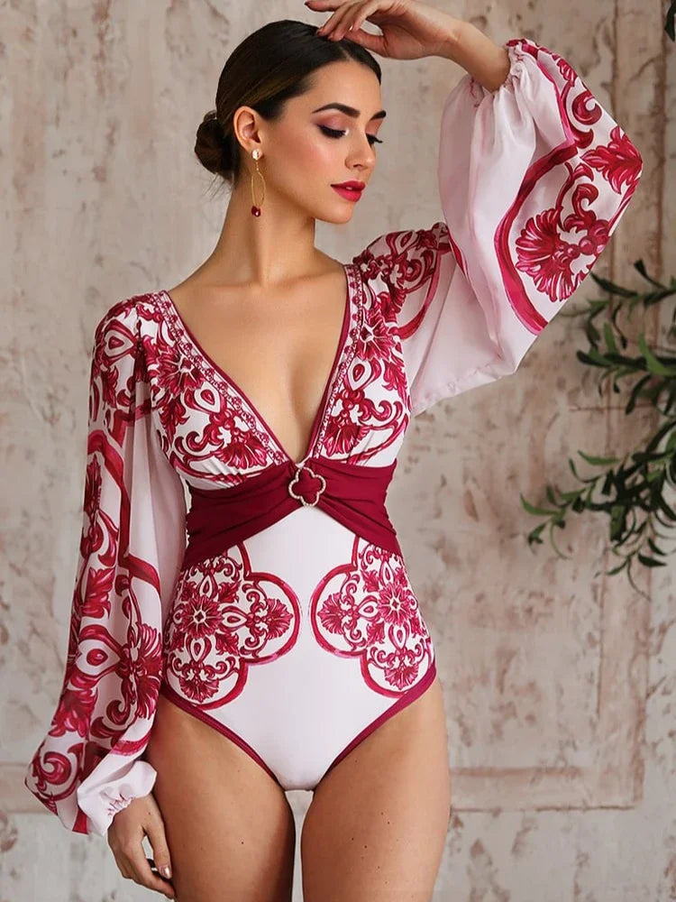 Women One Piece Swimsuit and Skirt Flaxmaker Long-sleeved - Norellé