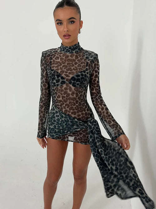 Turtleneck Sheer Print Leopard Bandage Women Dress - Norellé