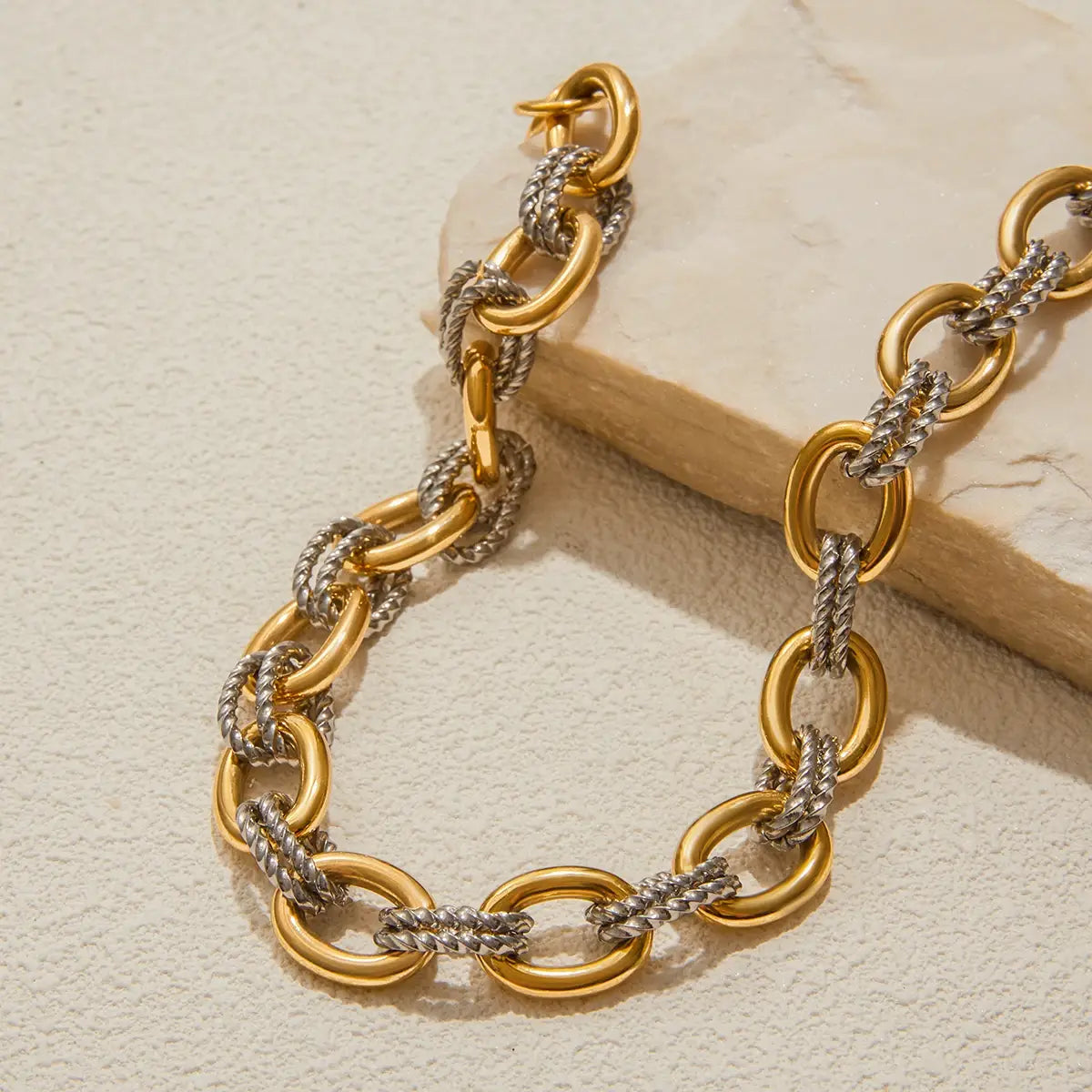 Stainless Steel Double Color Oval Smooth Fried Dough Twists Necklace