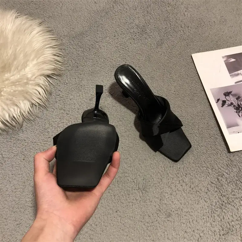 Satin Slippers Women Square Toe High Heels