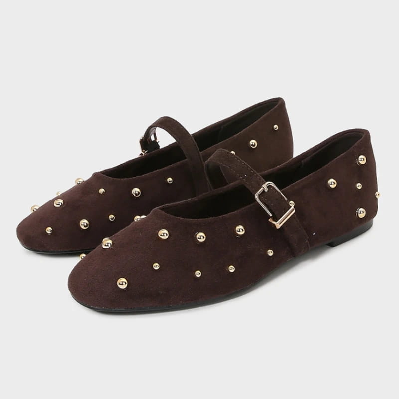 Round Toe Women Shoes Brown Faux Suede Metal Belt Non-slip