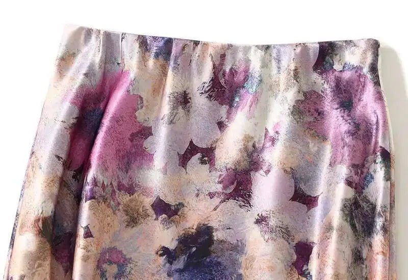 Women Spring Summer Floral Print Satin Long Skirt