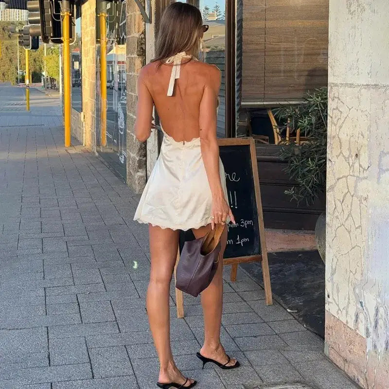 Lace Halter Mini Dress For Women V neck Sleeveless Elegant Splice Up