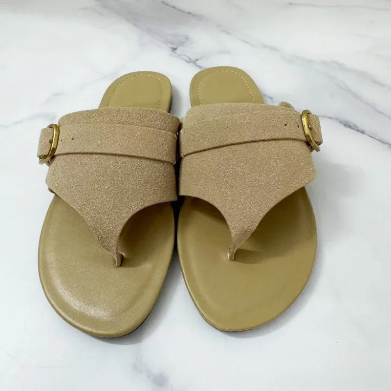 Suede Women Flip Flops Metal Buckle Belt Large Size Flat