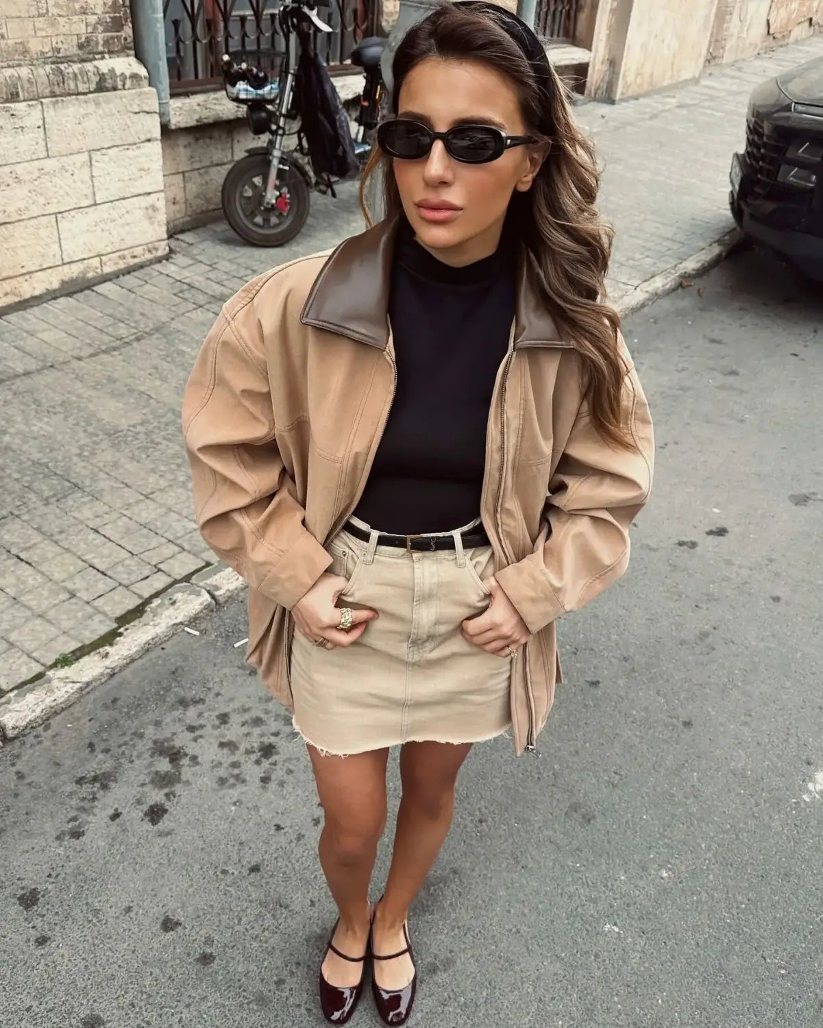 Lapel Contrast Color Large Pocket Mid-length Jacket