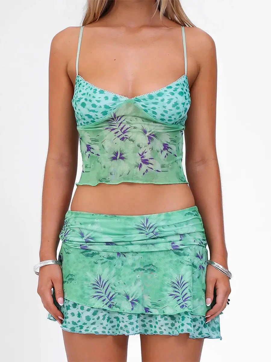 Women’s Vintage Floral Pattern Camisole Crop Tops with Skirt 2 Pcs Set