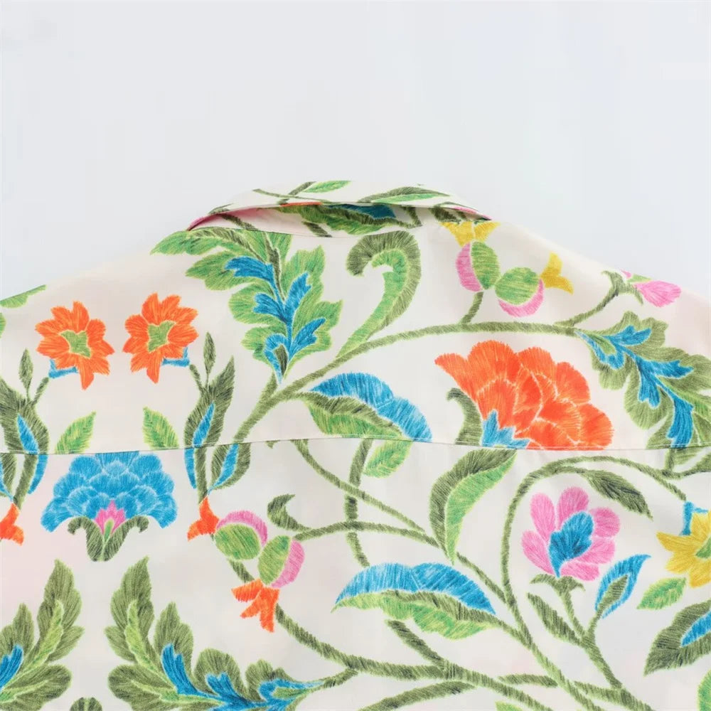 Women’s Simple and Elegant Flip Collar Printed Shirt Mid Waist Straight Leg Pants Casual Set