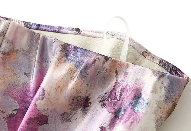 Women Spring Summer Floral Print Satin Long Skirt