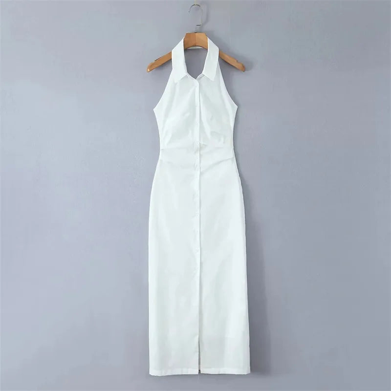 Women Button Up White Sleeveless Maxi Dress