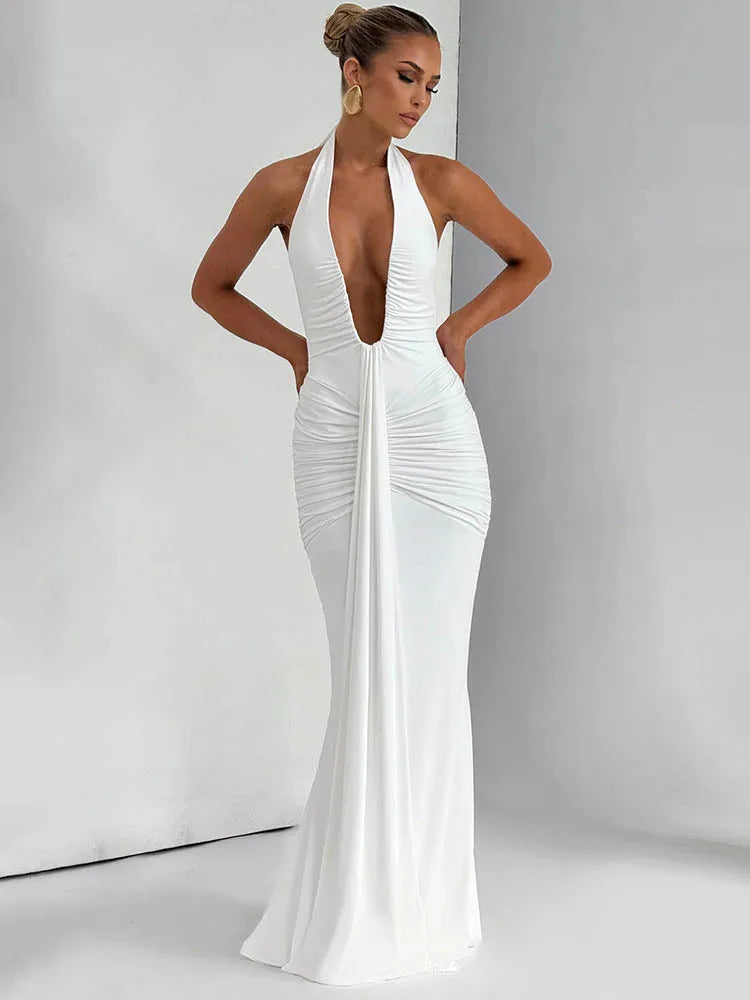 Deep V Neck Draped Ruched Maxi Dress Women - Norellé