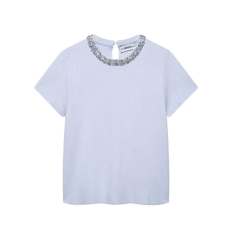 Women Fashion With Pearls Blue Knitted Pullover Sweater Vintage O-Neck Short Sleeves