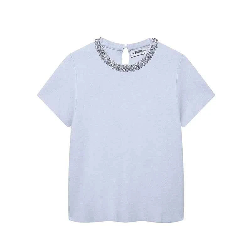 Women Fashion With Pearls Blue Knitted Pullover Sweater Vintage O-Neck Short Sleeves