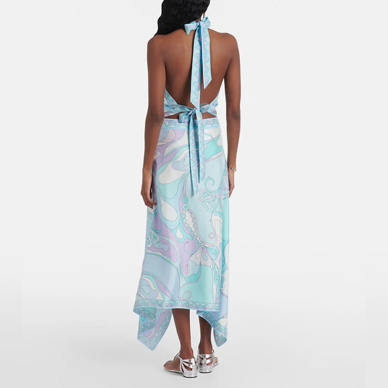 Vintage Lace Up Backless Halter Tops&Irregular Half Skirt 2 Piece