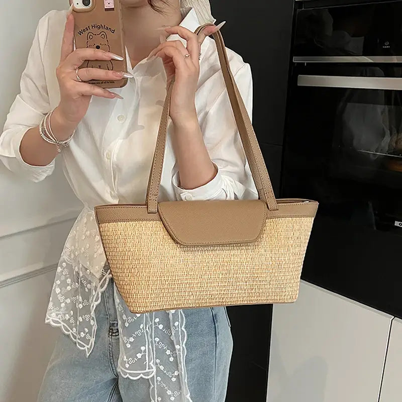 Women Shoulder Bag PU Woven Patchwork Stick