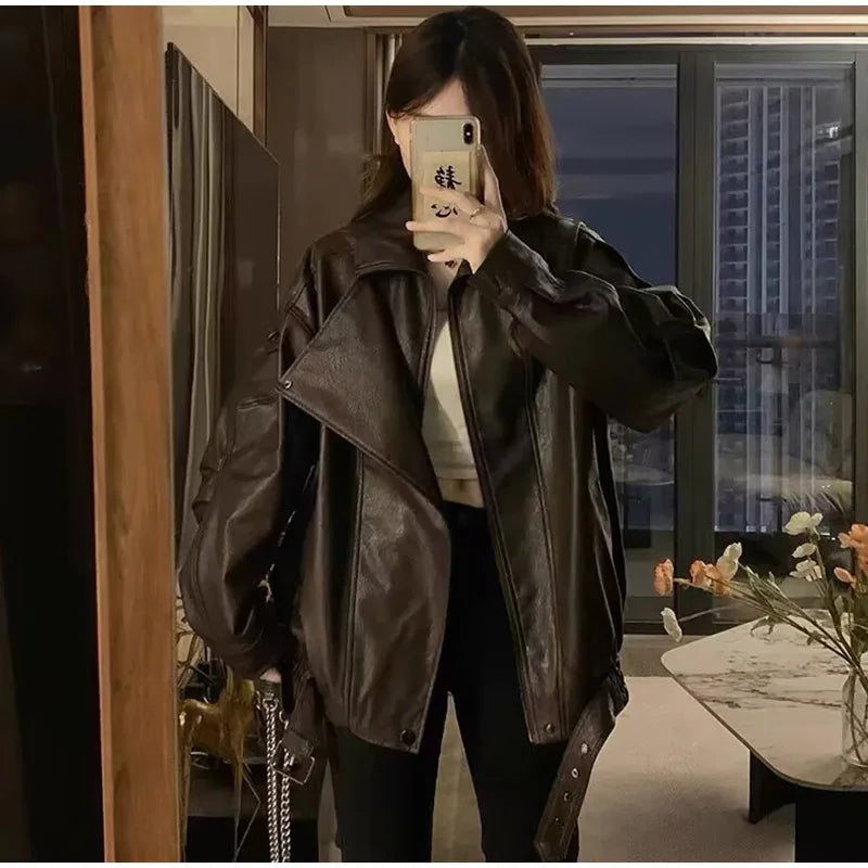 Street Lapel Zipper Leather Jacket Woman