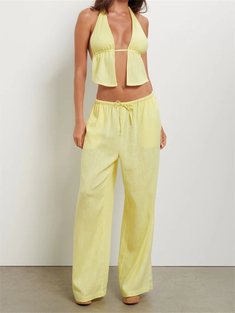 Women Pants Outfits Striped/Solid Halter Tie-Up Backless Tank Tops Wide-Leg 2 Pieces Set