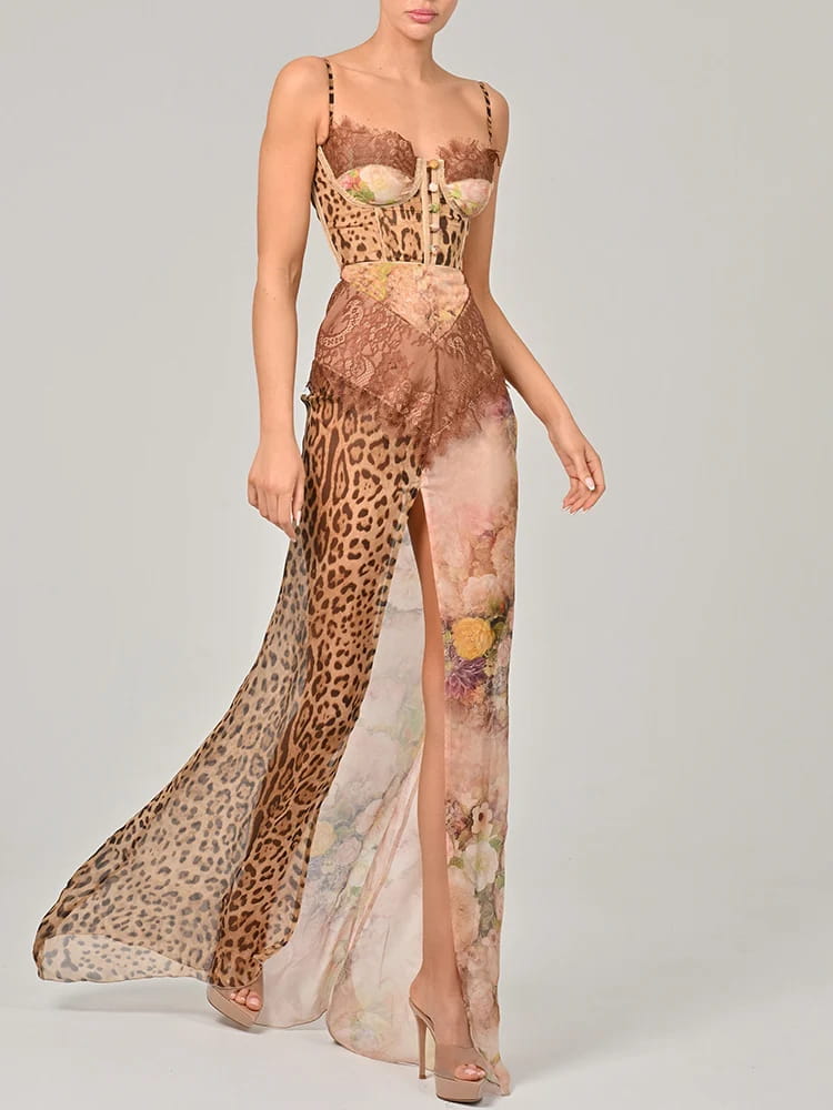 Chiffon Print Leopard High Slit Baroque Women Dress
