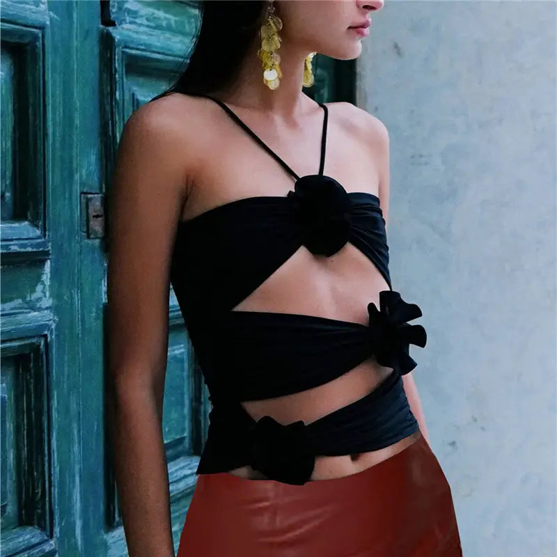 3D Floral Strap Crop Tops for Women