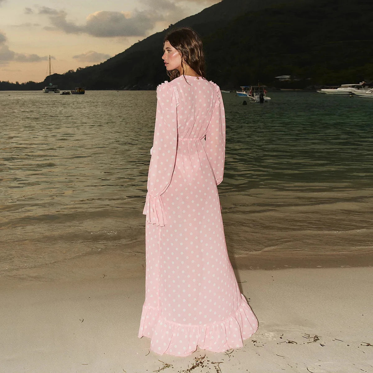 Pink Dot Print Cover-Ups Bikini  Women Swimsuits Mesh Dress - Norellé
