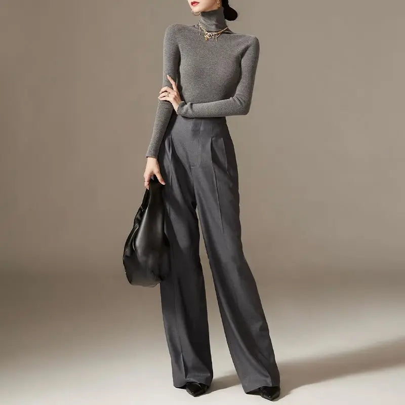 High Waist Wide Leg Pants Draping Effect Tight Long