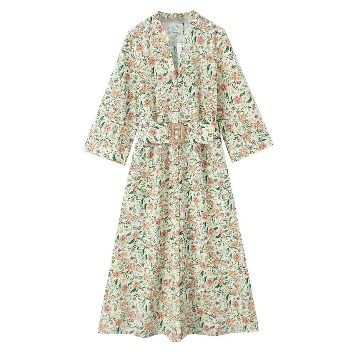 Women Floral Print Midi Dress with Belt