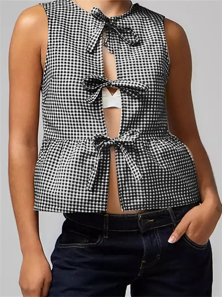 Women Tank Tops Sleeveless Round Neck Front Split Tie-up