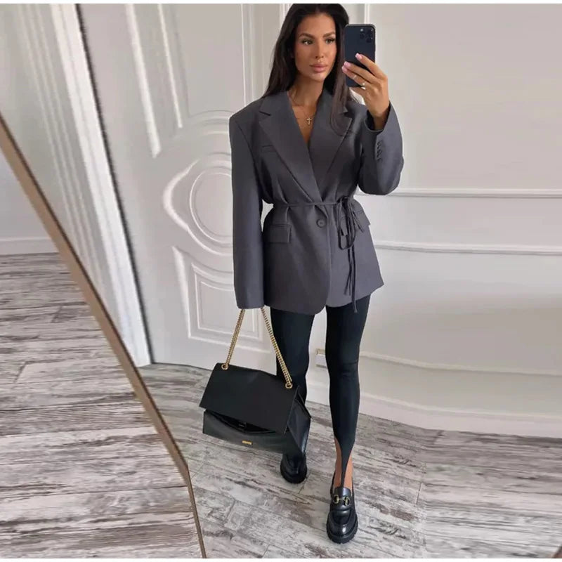 Women’s Tie Waist Blazer Coat Oversized Padded Shoulder