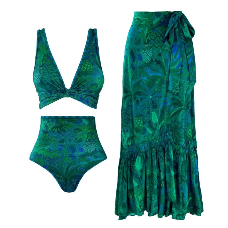 Women's Retro Bikini Printed Swimsuit, Cover Up with Skirt - Norellé
