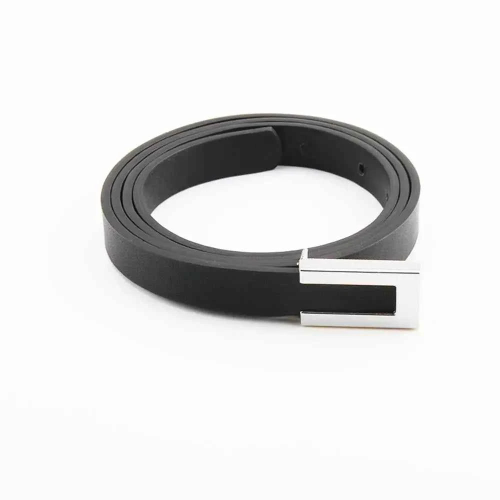 Women Thin Belt Black Gold Silver Metal Buckle Belt