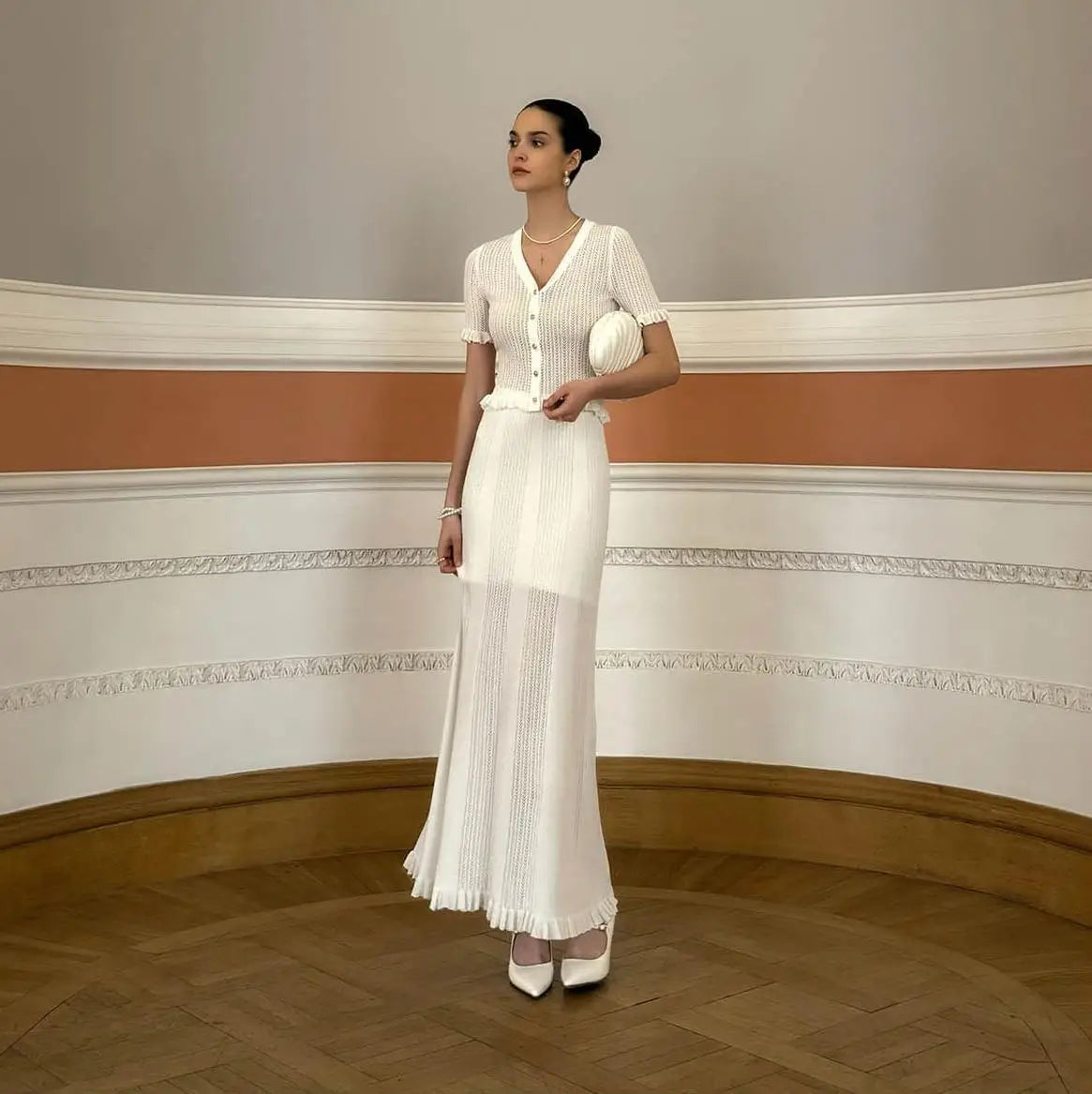 Knitting Hollow Top Long Skirt Suit