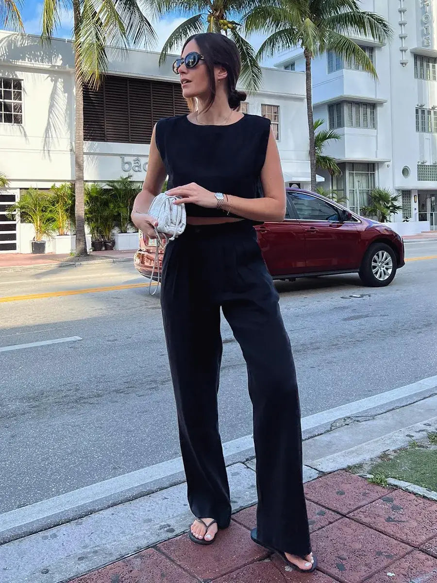 Cotton Linen Vest Pants Set Women