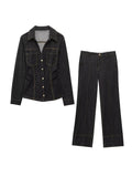 Chic Women's Vintage Denim Set Single Breasted Lapel Jacket - Norellé