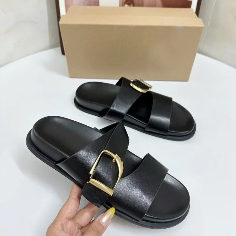 Black Flat Buckle Sandals for Women