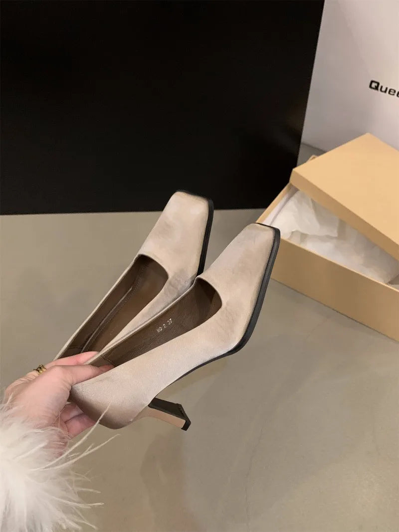 Square Toe Satin Pumps Women