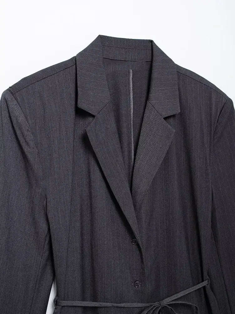 Women Fashion With Belt Striped Single Breasted Blazer Vintage