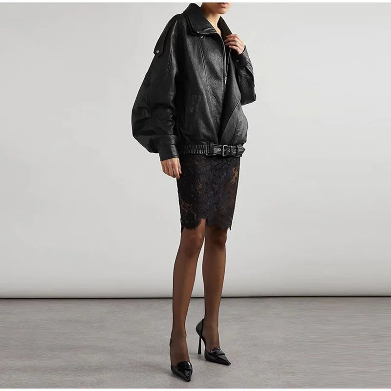 Street Lapel Zipper Leather Jacket Woman