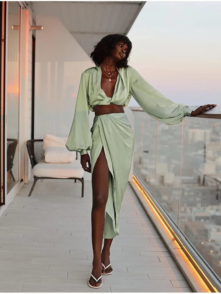 Satin 2 Piece Set Women Summer Beach Vacation Outfit