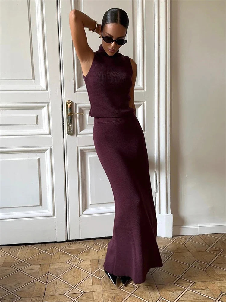 Elegant Knitwear 2 Piece-Set Long Dress Female Ribbed Sweater - Norellé