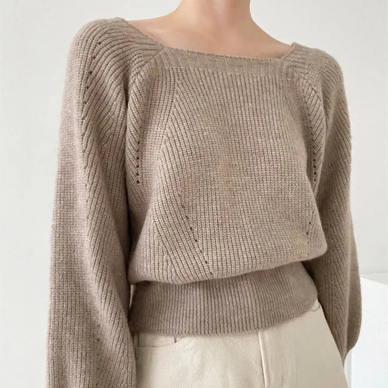 Elegant Square Neck Retro Casual Women Knitted Sweater
