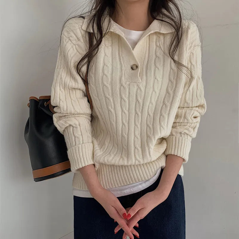 Turn-down Collar Solid Women’s Sweater