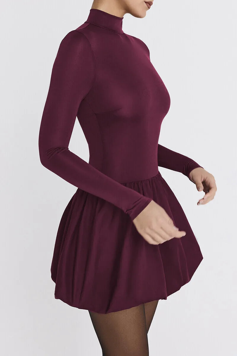 Turtleneck Long Sleeve Women Mini Dress Burgundy High Waist A-line
