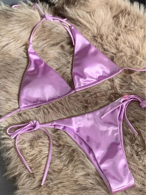 Halter Brazilian Metallic Satin Bikini Women Swimwear Female Swimsuit - Norellé