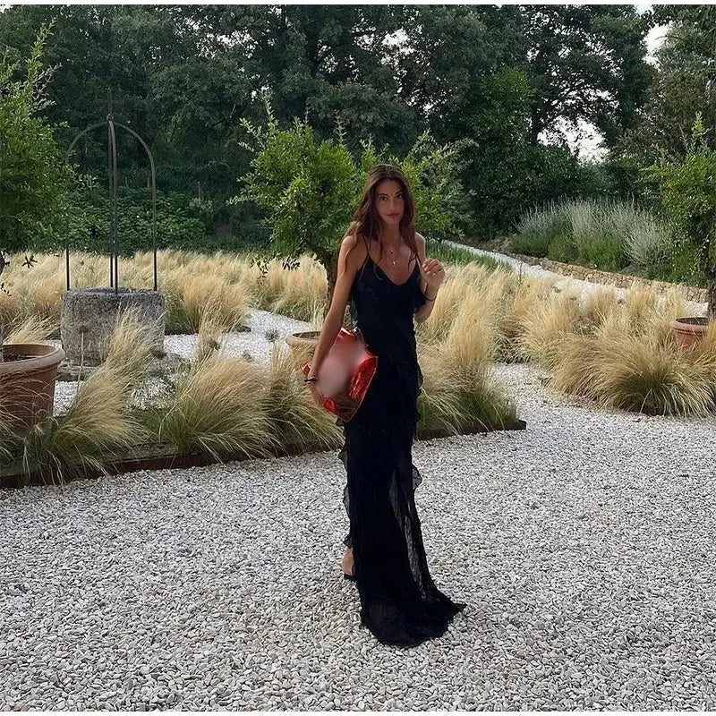 Women Black Stacked Ruffle Hem Long Dress