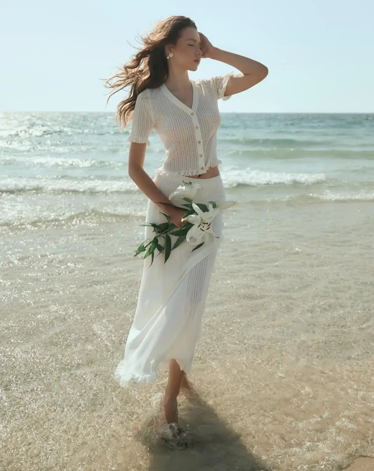 Knitting Hollow Top Long Skirt Suit