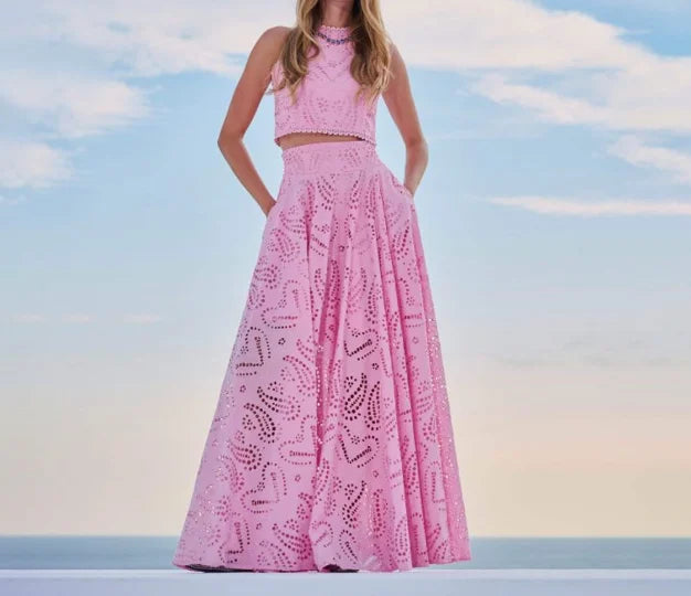 Sleeveless Embroidered Hollow Lace Long Skirt Vacation Set Two-Piece